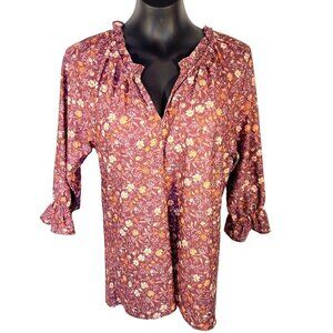 Bobeau - Women's S Peasant Top V-Neck 3/4 Ruffle Sleeve Vented Knit Ditsy Floral